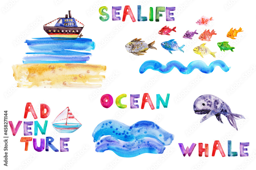 Hand drawn watercolor set of sea underwater animals, ship, waves, lettering