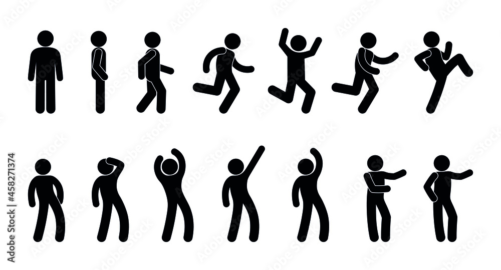 icon man, stick figure people, stickman walks, stands and runs, set of human silhouettes, vector illustration