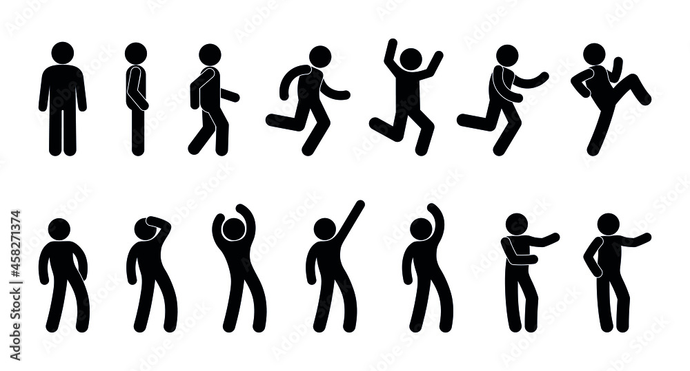 icon man, stick figure people, stickman walks, stands and runs, set of human silhouettes, vector illustration icon man, stick figure people, stickman walks, stands and runs, set of human silhouettes, vector illustration