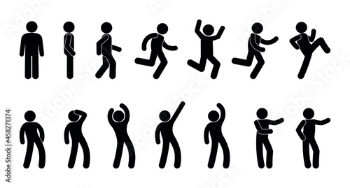 icon man, stick figure people, stickman walks, stands and runs, set of human silhouettes, vector illustration