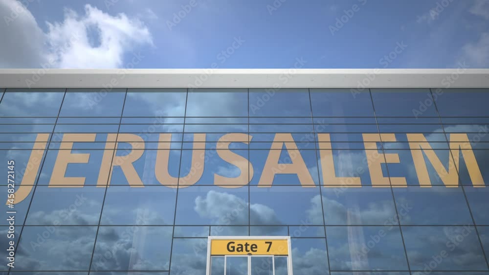 Plane reflects in the airport terminal with JERUSALEM city name