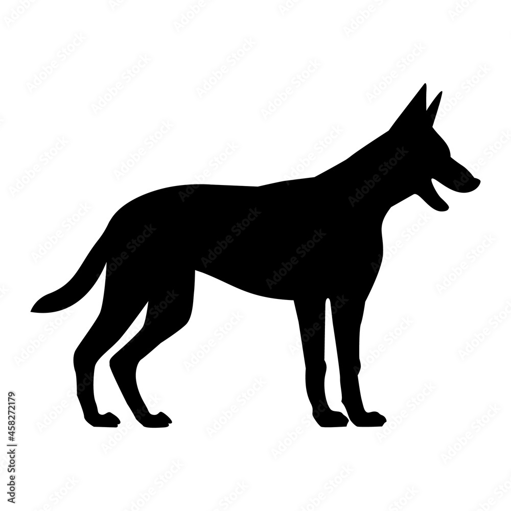 Dog black silhouette. Icon, sign. Flat vector illustration. Side view. EPS10.