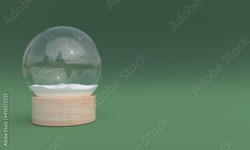 3d Christmas glass ball on green background. Crystal sphere, snow and wooden stand. Christmas ornament. Card, poster or banner with Space for text
