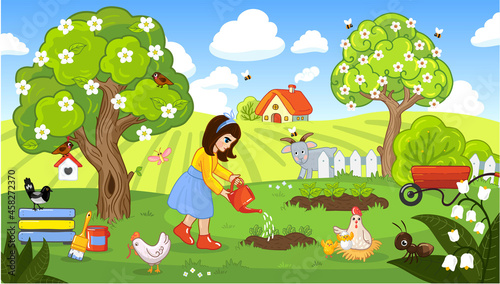Spring. Farm. Seasons of the year. Spring landscape. The girl waters the crops in the garden, is engaged in agriculture. Vector illustration for children, cartoon Cute farm animals. The trees bloom