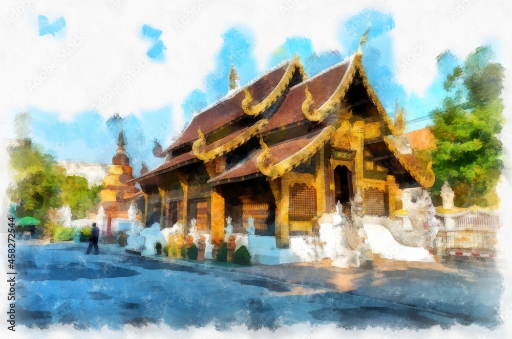 Naklejka premium Ancient architecture of northern thailand watercolor style illustration impressionist painting.