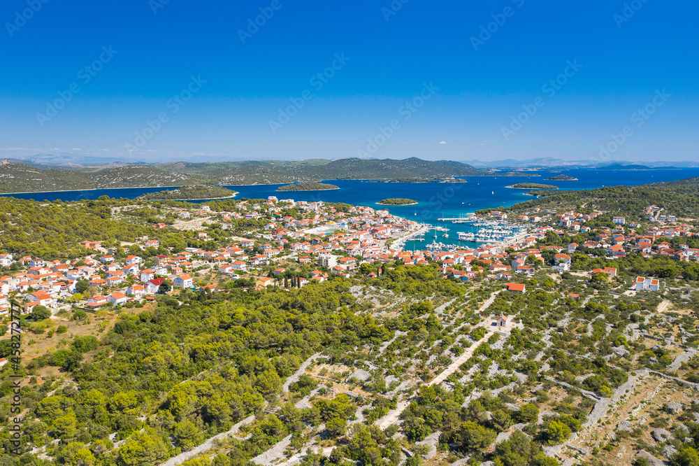 Town of Jezera, Murter island archipelago, Dalmatia, Croatia, aerial view