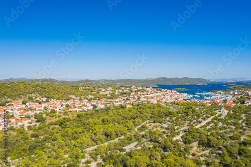 Town of Jezera, Murter island archipelago, Dalmatia, Croatia, aerial view © ilijaa