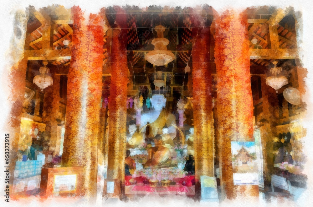 Fototapeta premium Ancient architecture of northern thailand watercolor style illustration impressionist painting.