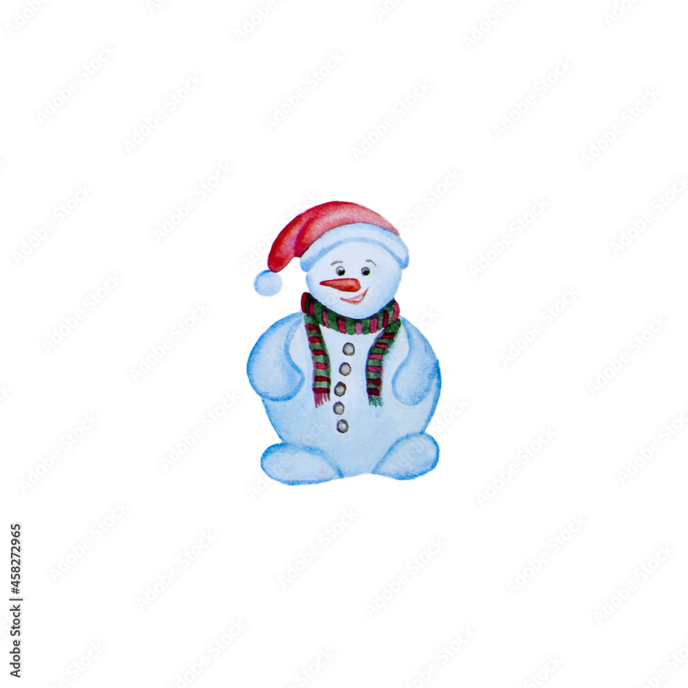 Watercolor snowman in a scarf and hat. Christmas watercolor illustrations. Watercolor snowman in a scarf and hat. Christmas watercolor illustrations.
