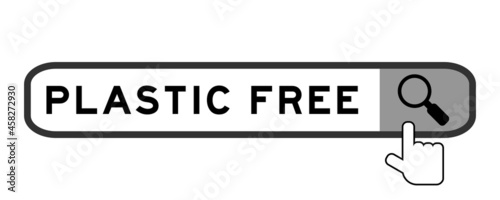 Search banner in word plastic free with hand over magnifier icon on white background