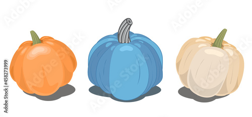 Vector clipart of three pumpkins: orange, blue and beige with shadows that can be removed. Can be used for icons, to decorate packaging or create ornaments