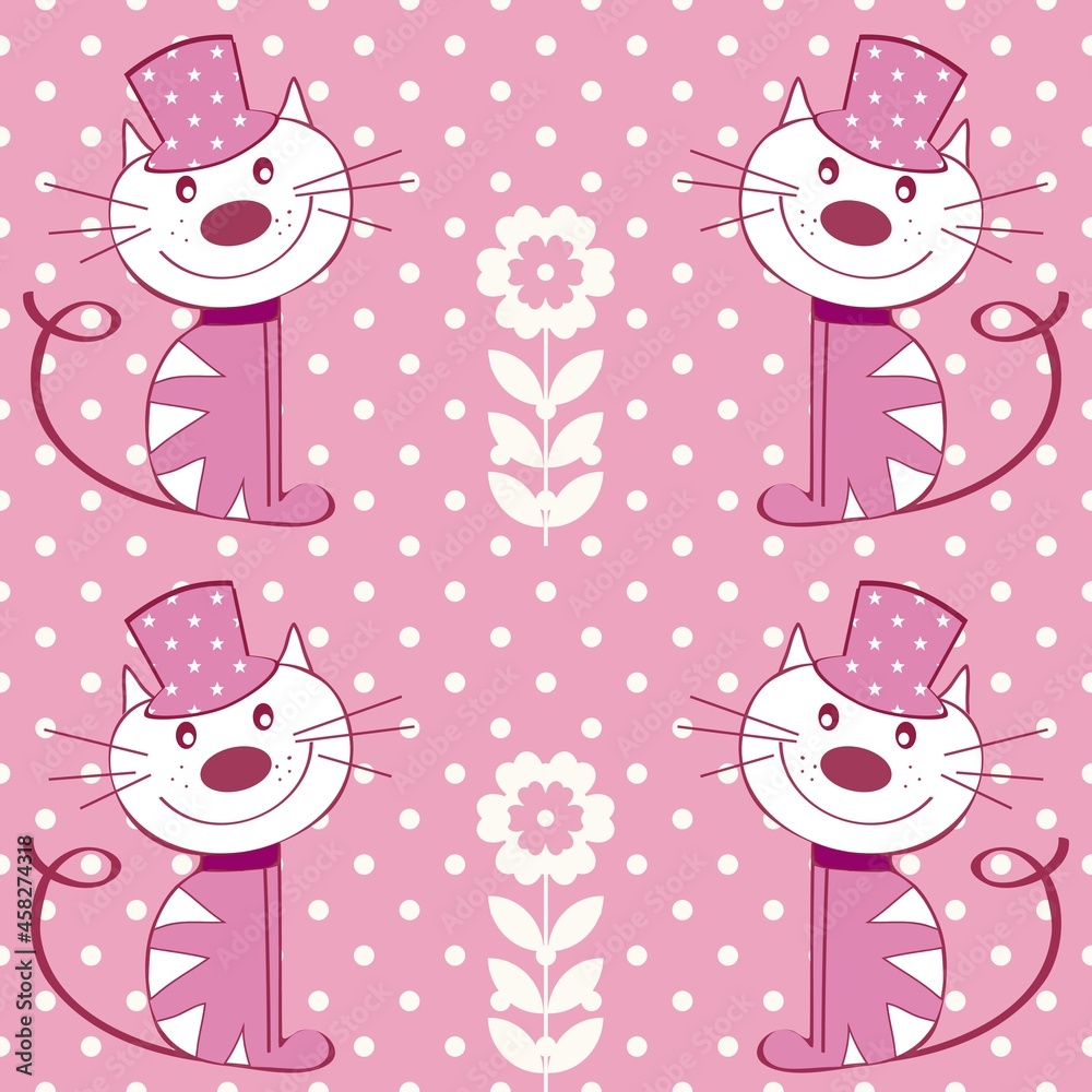 Pink white cartoon tile with flowers and cats..Seamless baby pattern for print as a background.