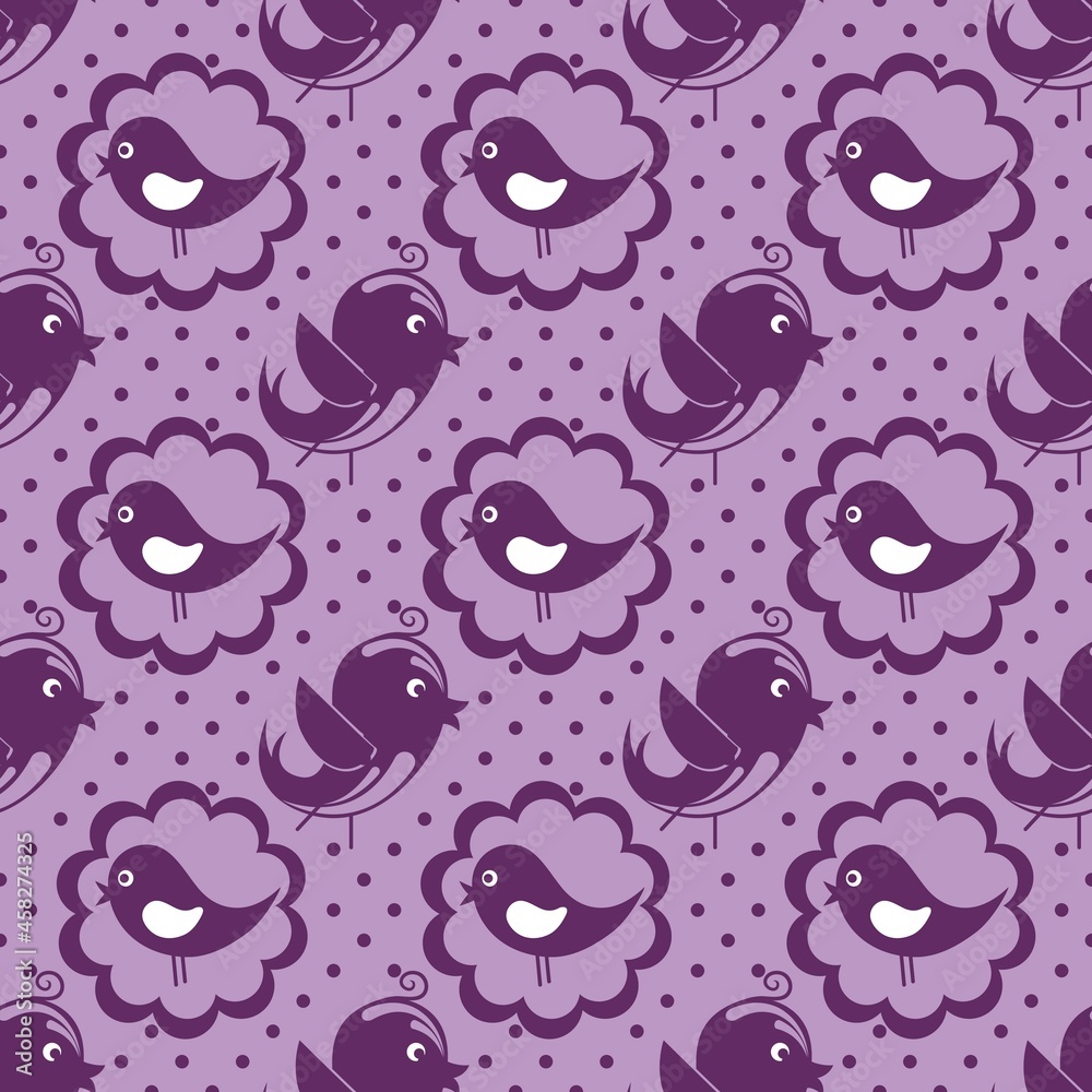 Purple cartoon tile with birds..Seamless baby pattern for print as a background. Purple cartoon tile with birds..Seamless baby pattern for print as a background.