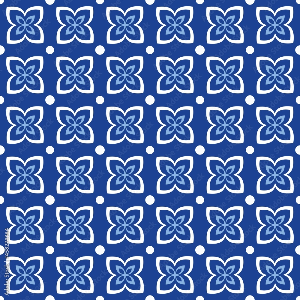 Blue white seamless background with flowers..Abstract, repeating regular pattern for print..Graphic design with regular shapes. Blue white seamless background with flowers..Abstract, repeating regular pattern for print..Graphic design with regular shapes.
