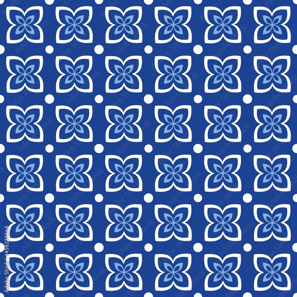 Blue white seamless background with flowers..Abstract, repeating regular pattern for print..Graphic design with regular shapes.