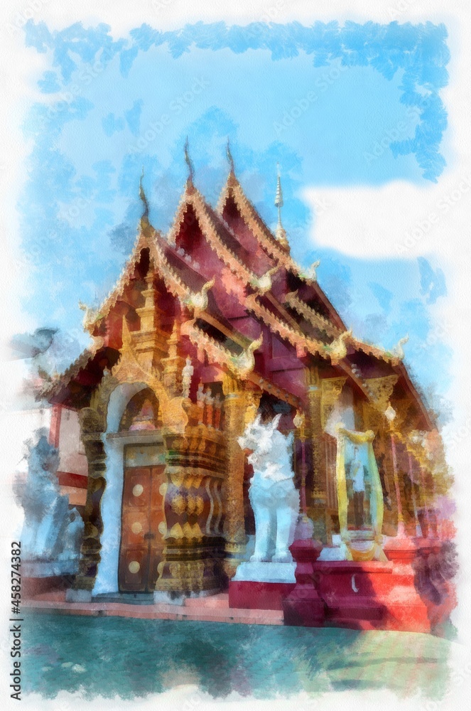 Fototapeta premium Ancient architecture of northern thailand watercolor style illustration impressionist painting.