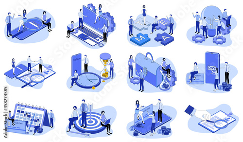 Targeting,recruitment, time management,Web development,teamwork, online payments.A set of isometric icons vector illustrations on the topic of business and technology.