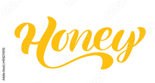 Honey calligraphy lettering text. Vector bee hand lettering word in black color isolated on white background. Concept for logo card, typography poster, print
