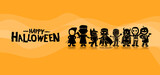 Halloween vector design with monsters kid silhouette on orange background for poster, invitation, banner and celebration event