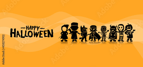 Halloween vector design with monsters kid silhouette on orange background for poster, invitation, banner and celebration event © VECTORKURO