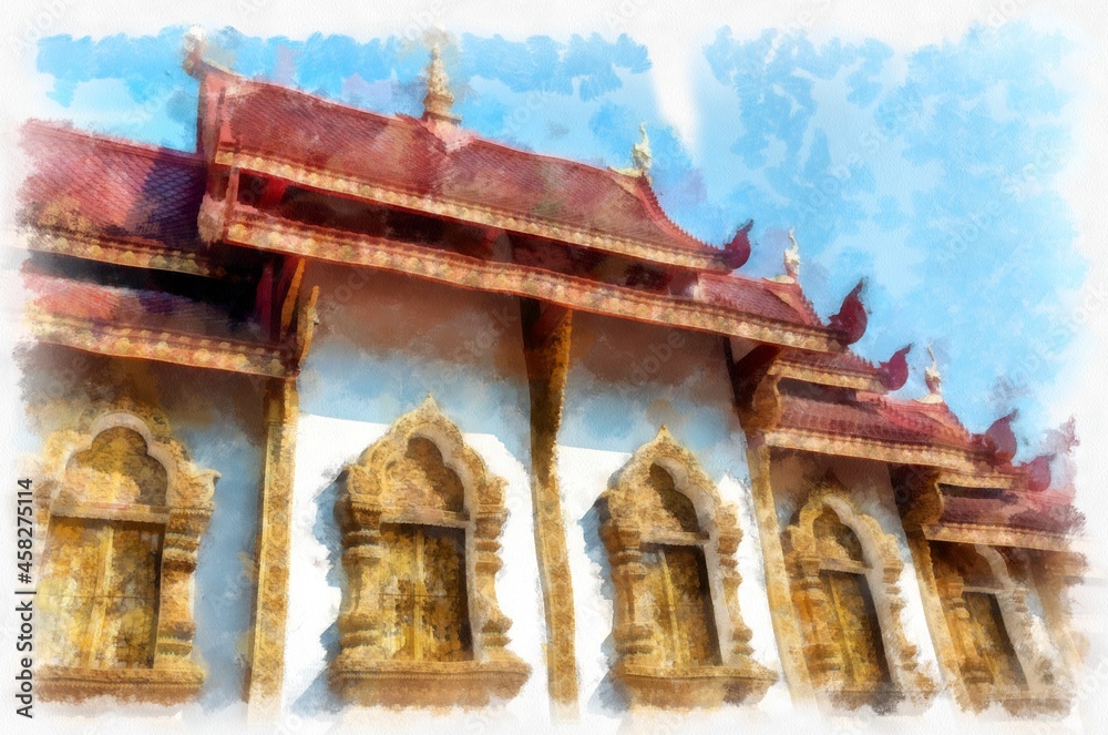 Naklejka premium Ancient architecture of northern thailand watercolor style illustration impressionist painting.