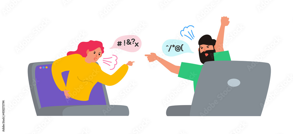 man and woman screaming quarrel conflict cyber bullying from laptops internet social media vector illustration man and woman screaming quarrel conflict cyber bullying from laptops internet social media vector illustration