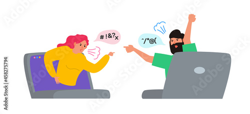man and woman screaming quarrel conflict cyber bullying from laptops internet social media vector illustration