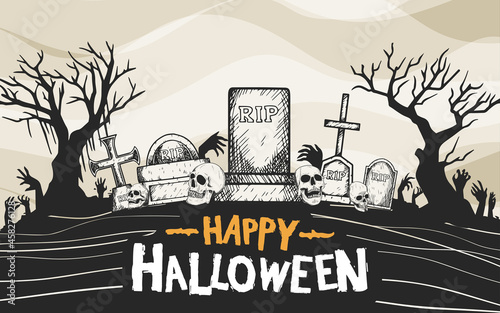 Halloween vector design with tomb stone hand drawn silhouette style can be use for poster, invitation, banner and celebration event