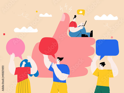 Review, rating and positive feedback, customer reviews, customer satisfaction, recommendations flat vector illustration. People give positive rating and feedback. Customer choice concept