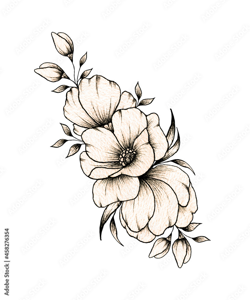 Elegant hand drawn floral bouquet with various big and small flowers and leaves isolated on white background, warm ink drawing monochrome elegant flower composition in vintage style