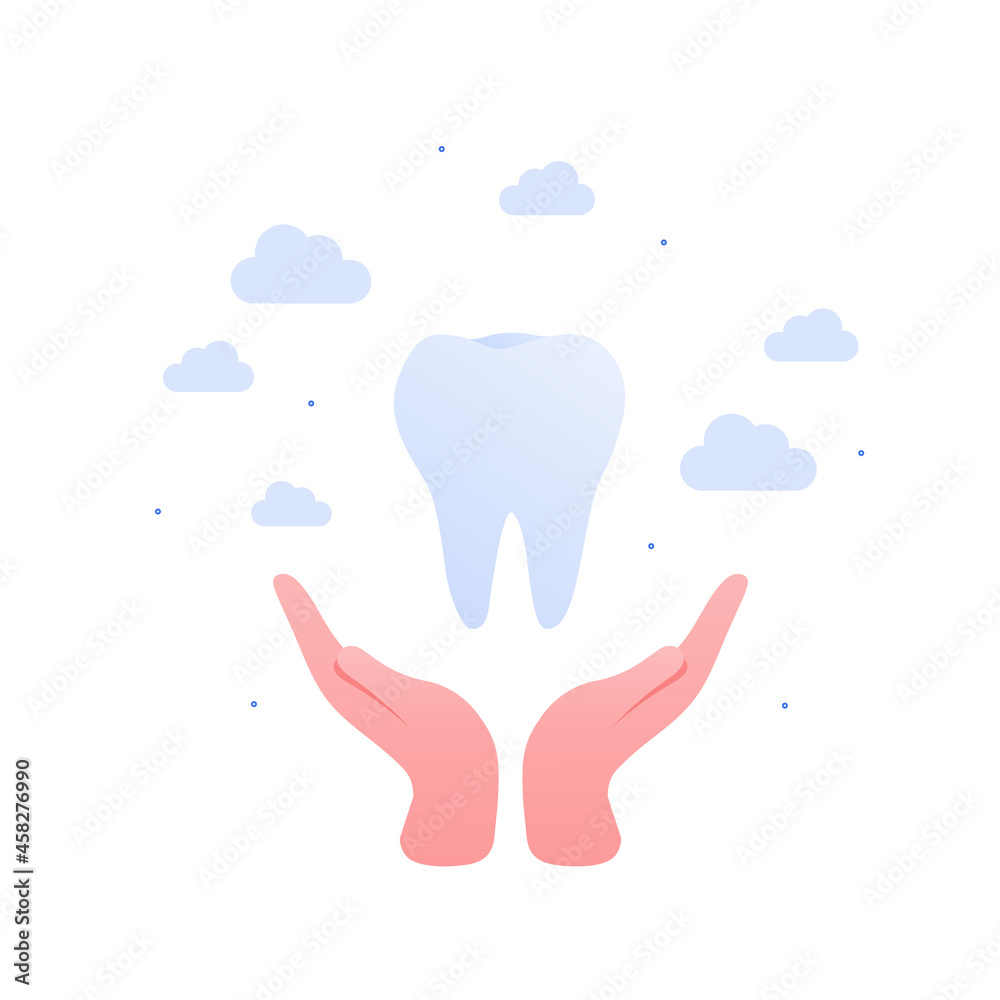 Dental clinic concept. Vector flar healthcare illustration. Human hand hold tooth isolated on white sky background. Design for oral health care Dental clinic concept. Vector flar healthcare illustration. Human hand hold tooth isolated on white sky background. Design for oral health care