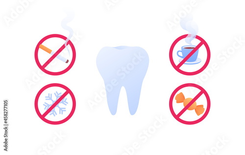 Healthy teeth infographic. Vector flat healthcare illustration. Tooth with red stop sign symbol. Smoke, sugar, coffee signs isolated on white background. Design for dental health poster.