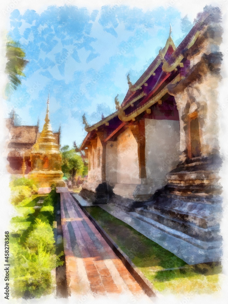 Fototapeta premium Ancient architecture of northern thailand watercolor style illustration impressionist painting.