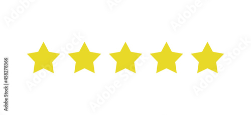 Rating sticker icon with five gold stars on a white background. Flat design. White background. Isolated vector icon. Vector gold background. Vector graphics.