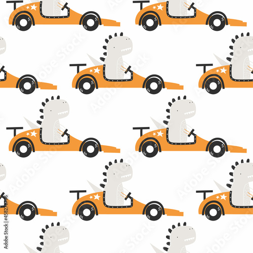 Vector hand-drawn seamless childish pattern with cute funny dinosaur rides in a racing car on a white background. Kids texture for fabric, wrapping, textile, wallpaper, apparel. Scandinavian design.