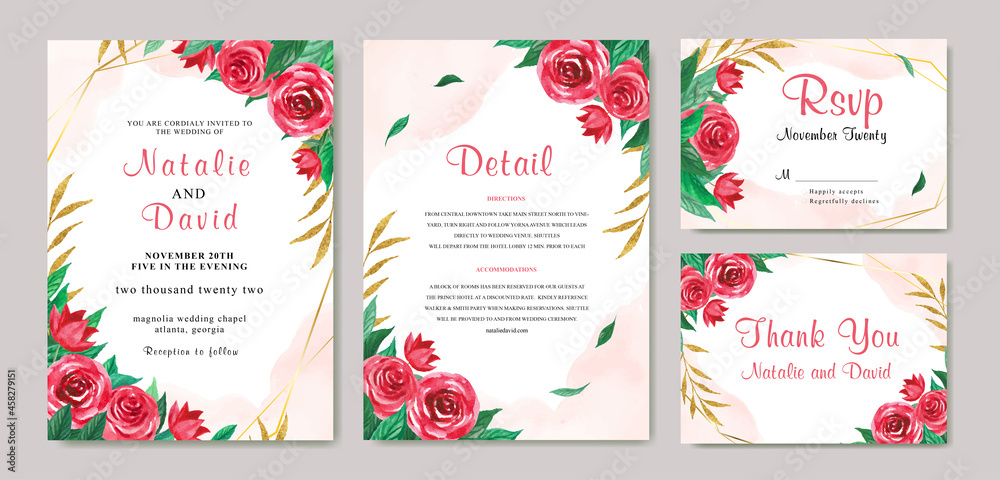 Watercolor wedding invitation card set with red rose and leaves 