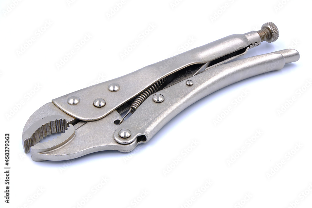 locking pliers isolated on a white background are tools for mechanics, construction work, industrial, and home repair work. locking pliers isolated on a white background are tools for mechanics, construction work, industrial, and home repair work.