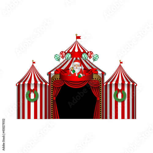 Christmas circus with santa claus, wreaths and balloons