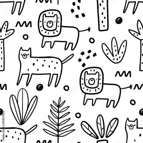 Photography Vector hand-drawn seamless repeating childish pattern with wild cats, plants and palms in Scandinavian style on a white background