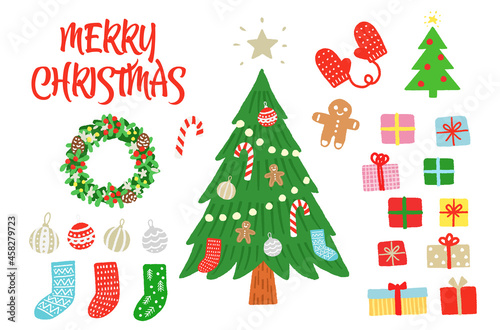 クリスマスツリーとプレゼントのイラストセット、手描きのクリスマス素材