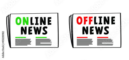 Slogan online of offline, region, local, breaking news, world news. Greet news, good or bad news. Fact or fake newspaper sign. Update news concept. Headline title.