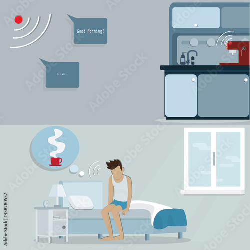 Flat of Internet of things technology,Young man odering ai for prepare the coffee - vector