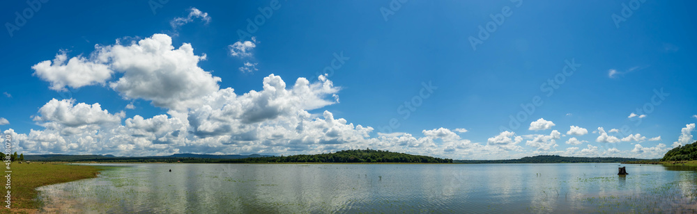 clear sky with white clouds above the river