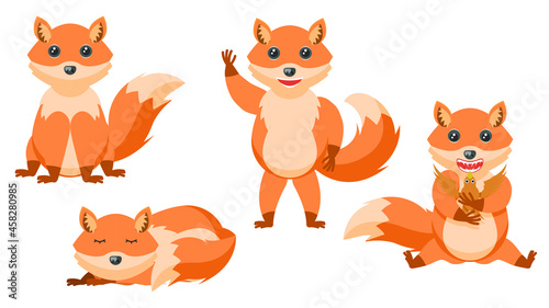 Set Abstract Collection Flat Cartoon  Different Animal Foxes Stand, Sleeping, Eating Bird, Waving Hand Vector Design Style Elements Fauna Wildlife © Дмитрий