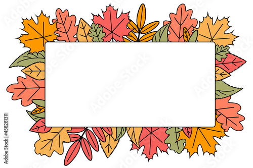 Rectangular Frame, border of autumn fallen leaves. Doodles. Place for an inscription, copy space.  Template for postcard, invitation, flyer, advertisement. Vector illustration in modern flat style