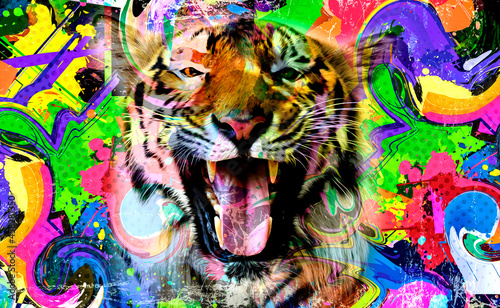 Colorful artistic tiger muzzle with bright paint splatters