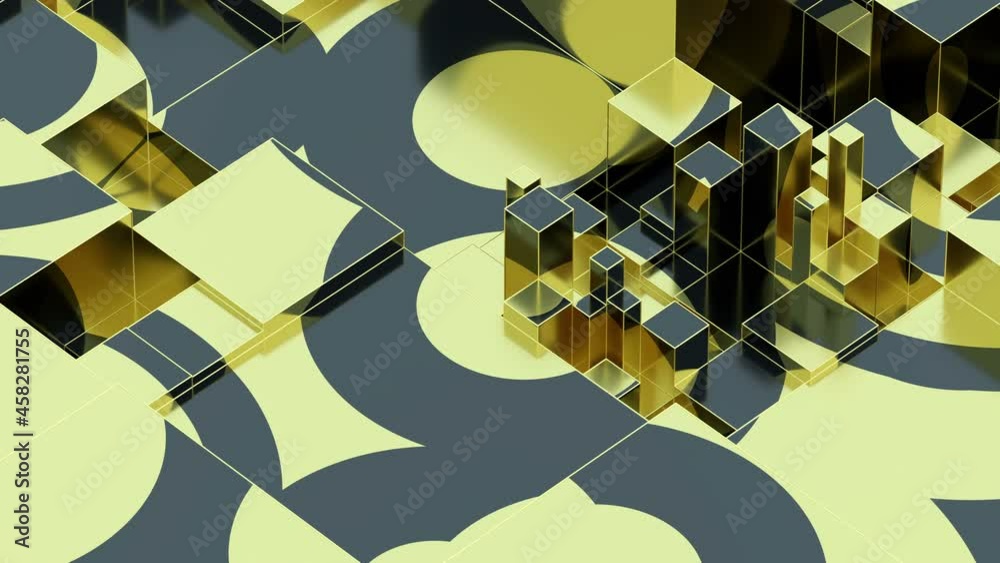 Abstract golden liquid animation on black cube background. Art data technology concept. 