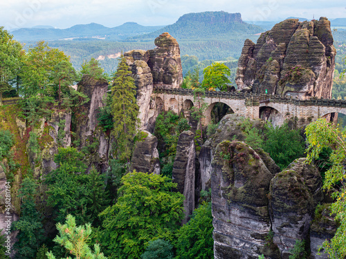 Bastei bridge, Saxon Switzerland National Park, Germany. traveling and travel goals for tourism. Travel and sights of city breaks. landmarks, travel guide and postcard.