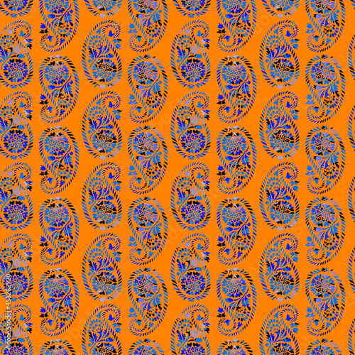 Detailed Colorful Seamless Paisley Pattern Trendy Fashion Colors Vertical Stripe Style Design Perfect for Allover Fabric Print