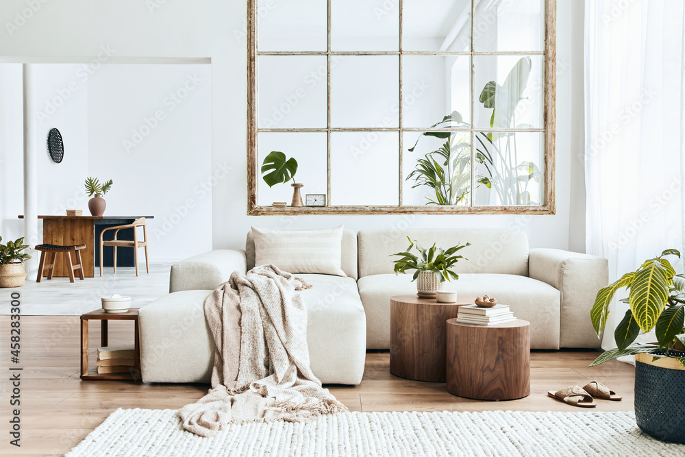 Fototapeta premium Modern interior of open space with design modular sofa, furniture, wooden coffee tables, plaid, pillows, tropical plants and elegant personal accessories in stylish home decor. Neutral living room.